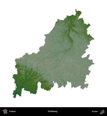 Parthenay. Fransa 'nın idari bölgesi renkli bir yükseklik haritasında beyaza izole edilmiş