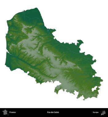Pas-de-Calais. Fransa 'nın idari bölgesi renkli bir yükseklik haritasında beyaza izole edilmiş