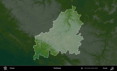 Parthenay. Fransa 'nın idari alanı koyu renkli bir yükseklik haritasına vurgulandı ve özetlendi