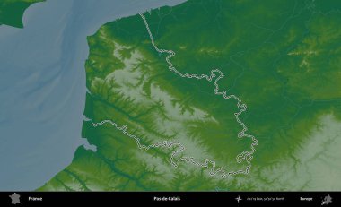 Pas-de-Calais. Renkli bir yükseklik haritasında Fransa 'nın ana yönetim alanı belirtilmiş