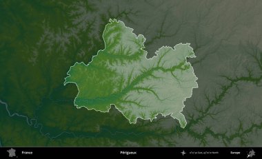 Perigueux. Fransa 'nın idari alanı koyu renkli bir yükseklik haritasına vurgulandı ve özetlendi
