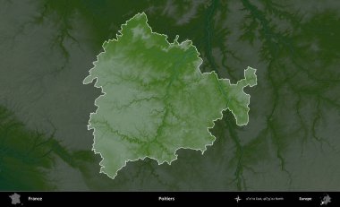 Poitiers. Fransa 'nın idari alanı koyu renkli bir yükseklik haritasına vurgulandı ve özetlendi