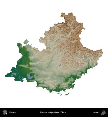 Provence-Alpes-Cote d'Azur. Fransa 'nın idari bölgesi renkli bir yükseklik haritasında beyaza izole edilmiş