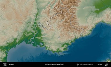 Provence-Alpes-Cote d'Azur. Renkli bir yükseklik haritasında Fransa 'nın ana yönetim alanı belirtilmiş