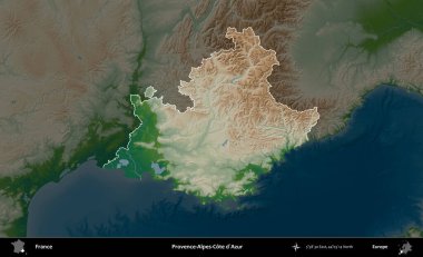 Provence-Alpes-Cote d'Azur. Fransa 'nın idari alanı koyu renkli bir yükseklik haritasına vurgulandı ve özetlendi