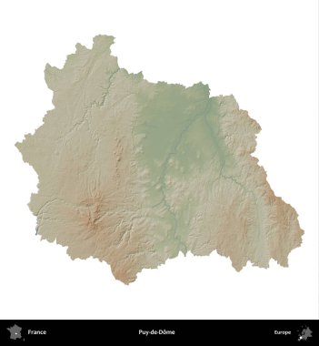 Puy-de-Dome. Fransa 'nın idari bölgesi renkli bir yükseklik haritasında beyaza izole edilmiş