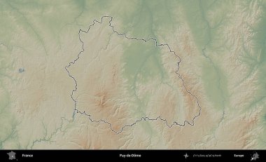 Puy-de-Dome. Renkli bir yükseklik haritasında Fransa 'nın ana yönetim alanı belirtilmiş