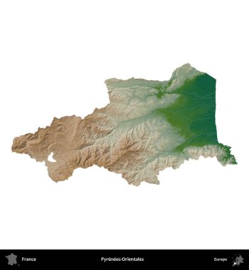Pirenes-Orientales. Fransa 'nın idari bölgesi renkli bir yükseklik haritasında beyaza izole edilmiş