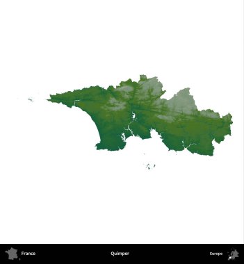 Quimper. Fransa 'nın idari bölgesi renkli bir yükseklik haritasında beyaza izole edilmiş