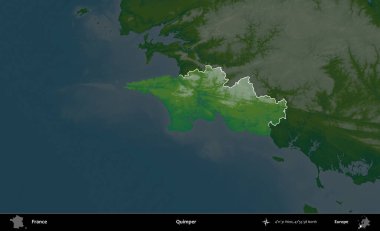 Quimper. Fransa 'nın idari alanı koyu renkli bir yükseklik haritasına vurgulandı ve özetlendi