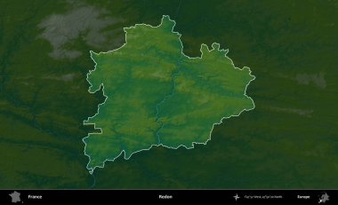 Redon. Fransa 'nın idari alanı koyu renkli bir yükseklik haritasına vurgulandı ve özetlendi