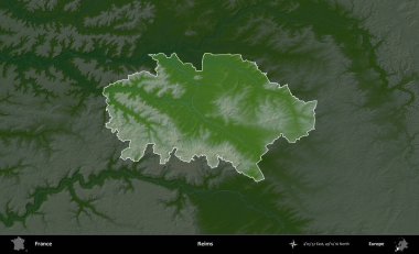 Reims. Fransa 'nın idari alanı koyu renkli bir yükseklik haritasına vurgulandı ve özetlendi
