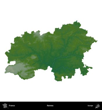 Rennes. Fransa 'nın idari bölgesi renkli bir yükseklik haritasında beyaza izole edilmiş