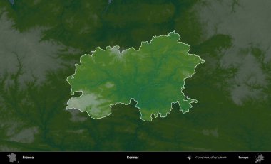 Rennes. Fransa 'nın idari alanı koyu renkli bir yükseklik haritasına vurgulandı ve özetlendi