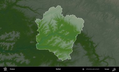 Rethel. Fransa 'nın idari alanı koyu renkli bir yükseklik haritasına vurgulandı ve özetlendi