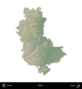Rhone. Fransa 'nın idari bölgesi renkli bir yükseklik haritasında beyaza izole edilmiş