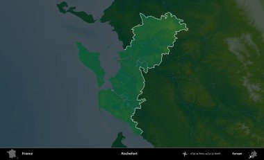 Rochefort. Fransa 'nın idari alanı koyu renkli bir yükseklik haritasına vurgulandı ve özetlendi