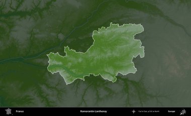 Romorantin-Lanthenay. Fransa 'nın idari alanı koyu renkli bir yükseklik haritasına vurgulandı ve özetlendi