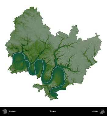 Rouen. Fransa 'nın idari bölgesi renkli bir yükseklik haritasında beyaza izole edilmiş