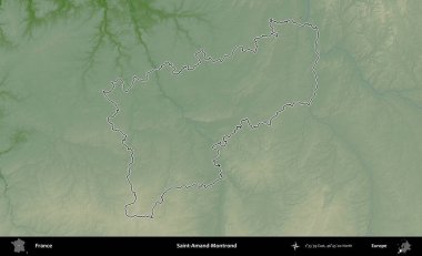 Saint-Amand-Montrond. Renkli bir yükseklik haritasında Fransa 'nın ana yönetim alanı belirtilmiş