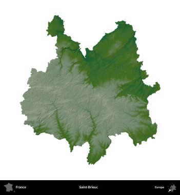 Saint-Brieuc 'de. Fransa 'nın idari bölgesi renkli bir yükseklik haritasında beyaza izole edilmiş