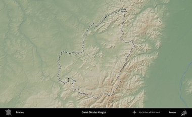 Saint-Die-des-Vosges. Renkli bir yükseklik haritasında Fransa 'nın ana yönetim alanı belirtilmiş