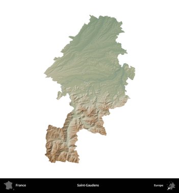 Saint-Gauden 'lar. Fransa 'nın idari bölgesi renkli bir yükseklik haritasında beyaza izole edilmiş