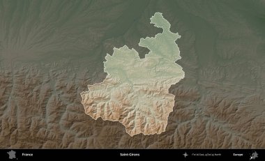 Saint-Gironlar. Fransa 'nın idari alanı koyu renkli bir yükseklik haritasına vurgulandı ve özetlendi