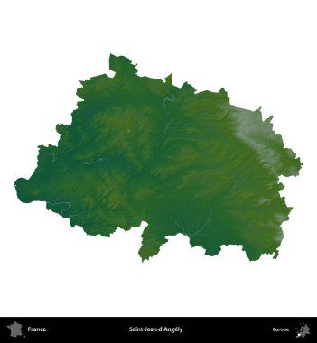 Saint-Jean-d'Angely. Fransa 'nın idari bölgesi renkli bir yükseklik haritasında beyaza izole edilmiş