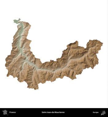 Saint-Jean-de-Maurienne. Fransa 'nın idari bölgesi renkli bir yükseklik haritasında beyaza izole edilmiş