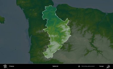 Aziz Lo. Fransa 'nın idari alanı koyu renkli bir yükseklik haritasına vurgulandı ve özetlendi