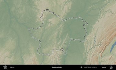 Saone-et-Loire. Renkli bir yükseklik haritasında Fransa 'nın ana yönetim alanı belirtilmiş