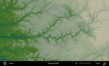 Sarlat-la-Caneda. Renkli bir yükseklik haritasında Fransa 'nın ana yönetim alanı belirtilmiş