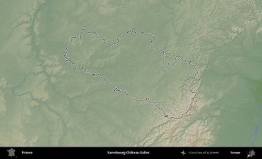 Sarrebourg-Chateau-Salins. Renkli bir yükseklik haritasında Fransa 'nın ana yönetim alanı belirtilmiş