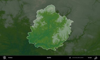 Sarthe. Fransa 'nın idari alanı koyu renkli bir yükseklik haritasına vurgulandı ve özetlendi