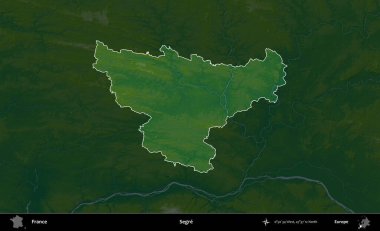 Segre. Fransa 'nın idari alanı koyu renkli bir yükseklik haritasına vurgulandı ve özetlendi
