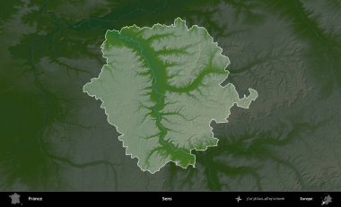 Duyular. Fransa 'nın idari alanı koyu renkli bir yükseklik haritasına vurgulandı ve özetlendi