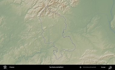 Territoire-de-Belfort. Renkli bir yükseklik haritasında Fransa 'nın ana yönetim alanı belirtilmiş