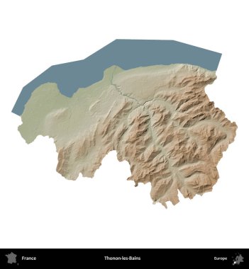 Thonon-les-Bains. Fransa 'nın idari bölgesi renkli bir yükseklik haritasında beyaza izole edilmiş