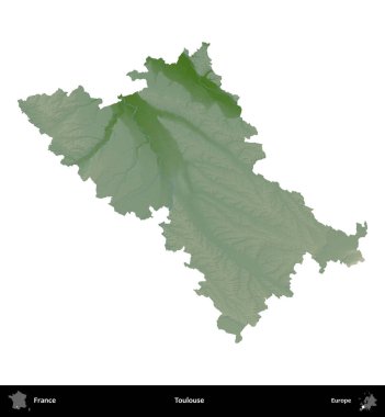 Toulouse. Fransa 'nın idari bölgesi renkli bir yükseklik haritasında beyaza izole edilmiş