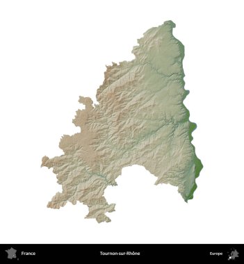 Tournon-sur-Rhone. Fransa 'nın idari bölgesi renkli bir yükseklik haritasında beyaza izole edilmiş