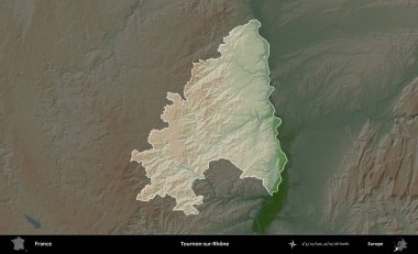 Tournon-sur-Rhone. Fransa 'nın idari alanı koyu renkli bir yükseklik haritasına vurgulandı ve özetlendi