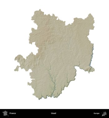 Ussel. Fransa 'nın idari bölgesi renkli bir yükseklik haritasında beyaza izole edilmiş