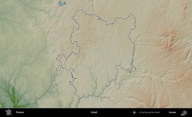 Ussel. Renkli bir yükseklik haritasında Fransa 'nın ana yönetim alanı belirtilmiş