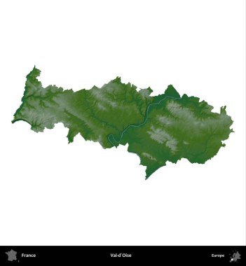 Val-d'Oise. Fransa 'nın idari bölgesi renkli bir yükseklik haritasında beyaza izole edilmiş