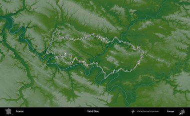 Val-d'Oise. Renkli bir yükseklik haritasında Fransa 'nın ana yönetim alanı belirtilmiş