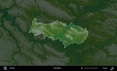 Val-d'Oise. Fransa 'nın idari alanı koyu renkli bir yükseklik haritasına vurgulandı ve özetlendi