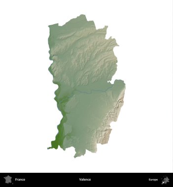 Valence. Fransa 'nın idari bölgesi renkli bir yükseklik haritasında beyaza izole edilmiş