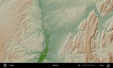 Valence. Renkli bir yükseklik haritasında Fransa 'nın ana yönetim alanı belirtilmiş