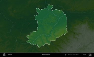 Valenciennes 'de. Fransa 'nın idari alanı koyu renkli bir yükseklik haritasına vurgulandı ve özetlendi